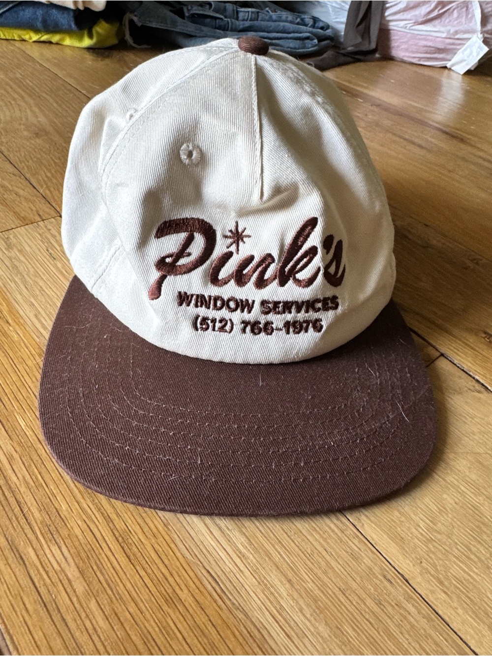 Pink's Window Services Two-Tone Beige and Brown Cap